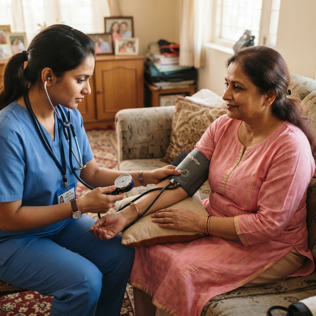 Nurse checking blood pressure of a patient at home