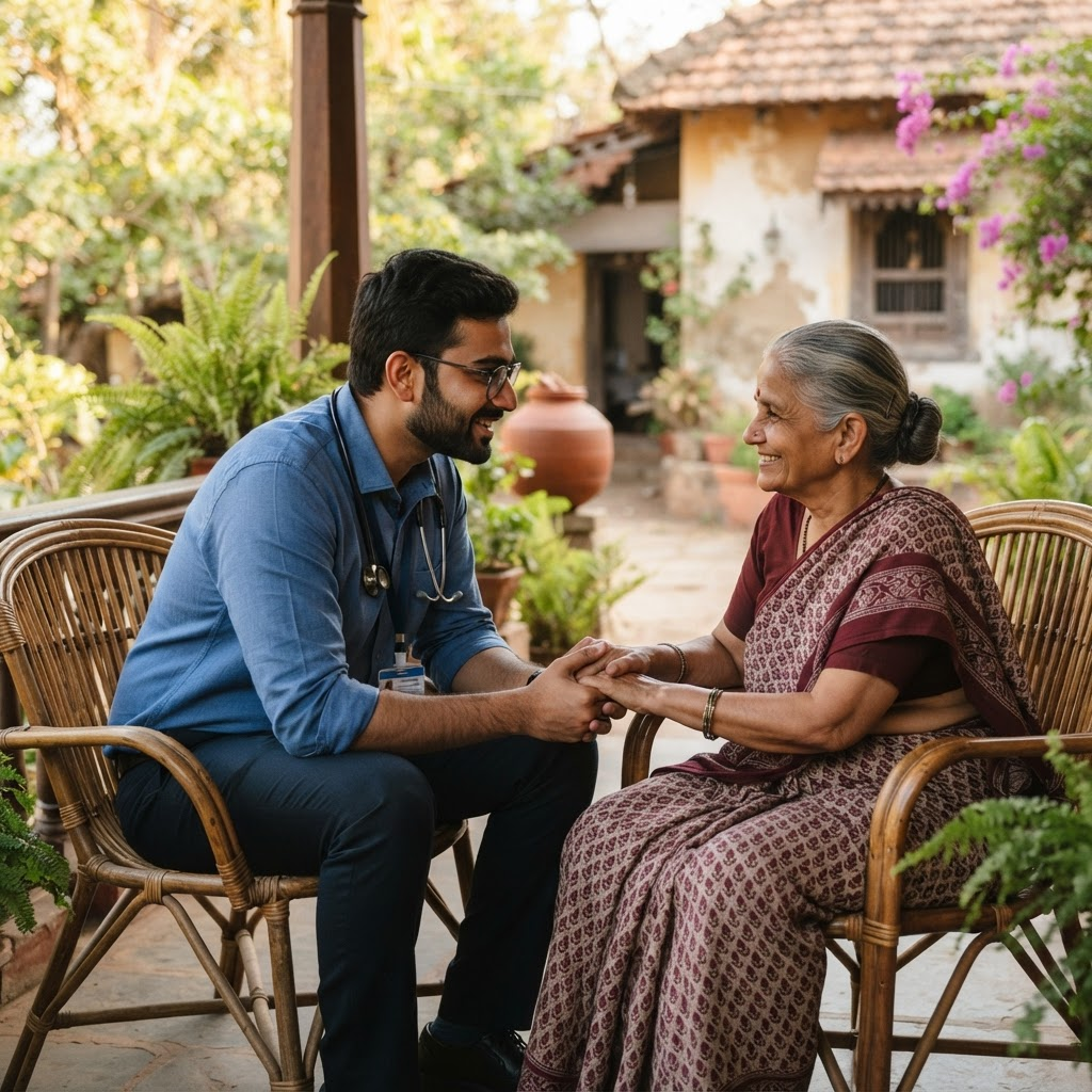 Doctor attending to elderly woman outdoors