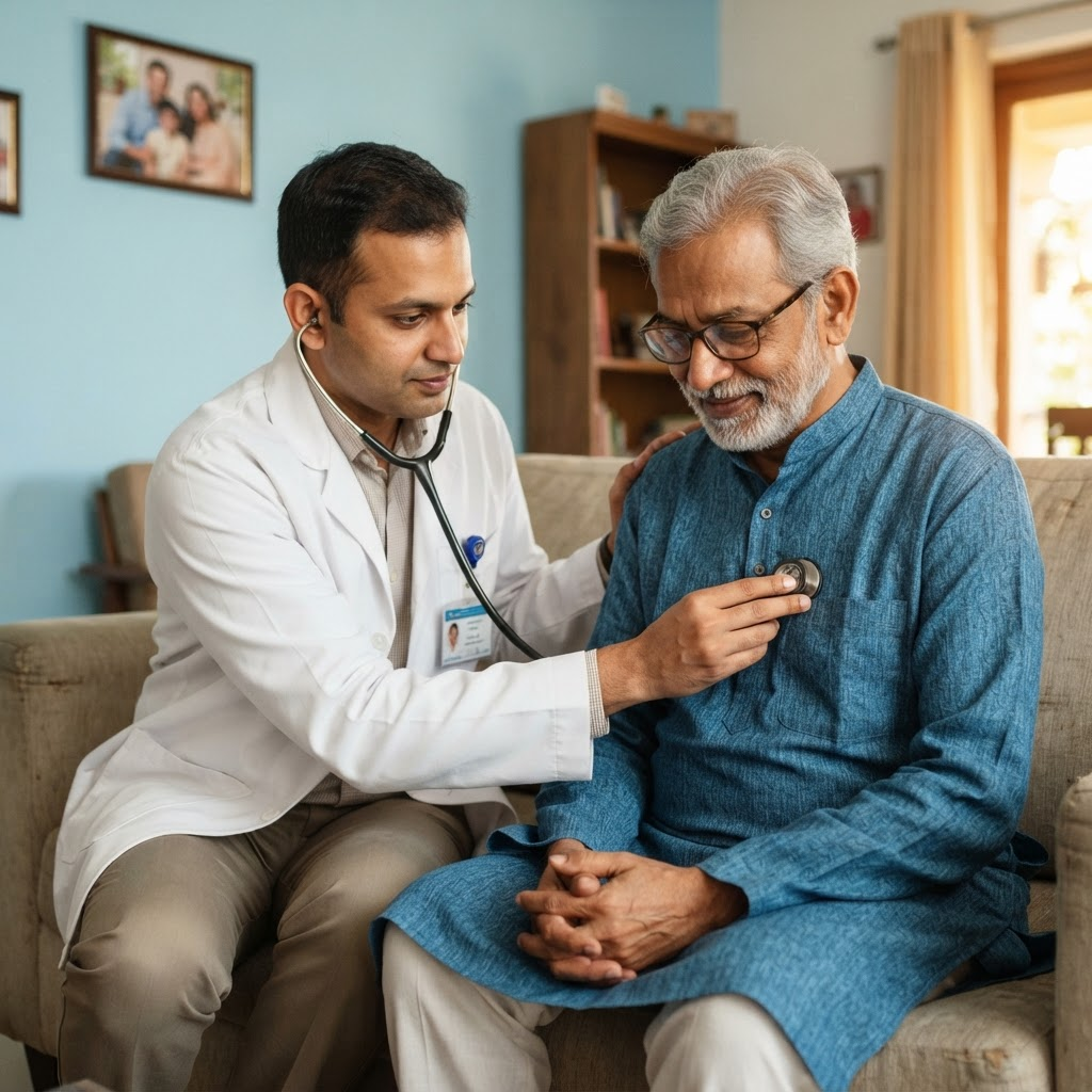 Doctor examining patient at home with stethoscope