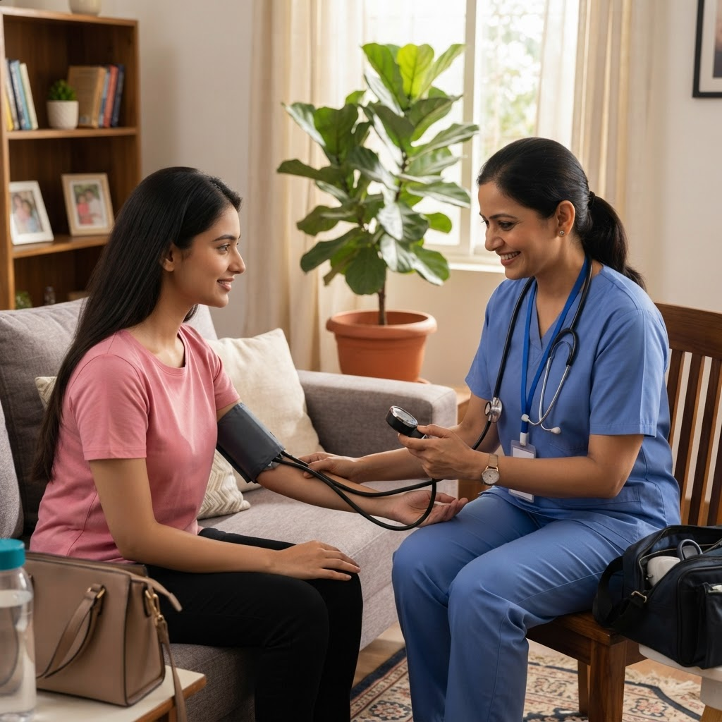Nurse performing health assessment on patient at home
