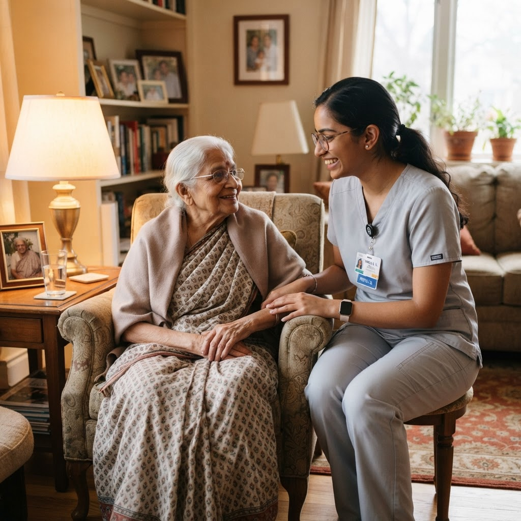 Female nurse attending to elderly woman at home